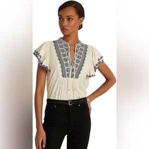 Lauren Ralph Lauren Embroidered Neck Tie Blouse Ivory Womens Size S Elegant
